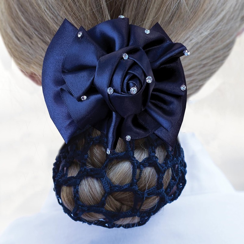 Equetech Dressage Hair Rosette Ribbon Bow Clip & Net (Navy/Crystal)