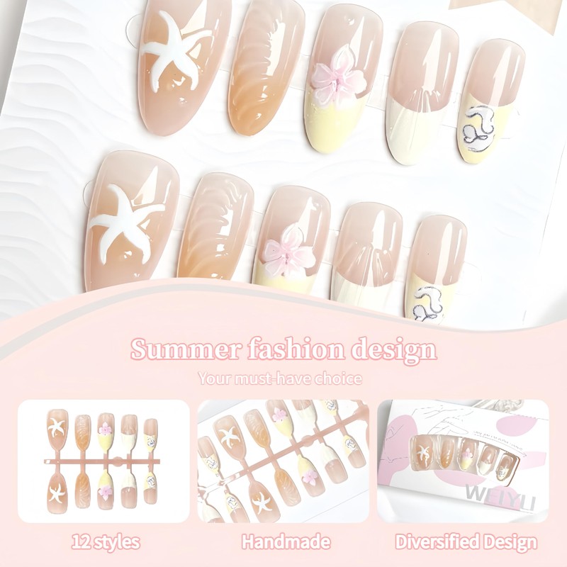 24Pcs Flower Press on Nails Medium Almond French Tip Fake