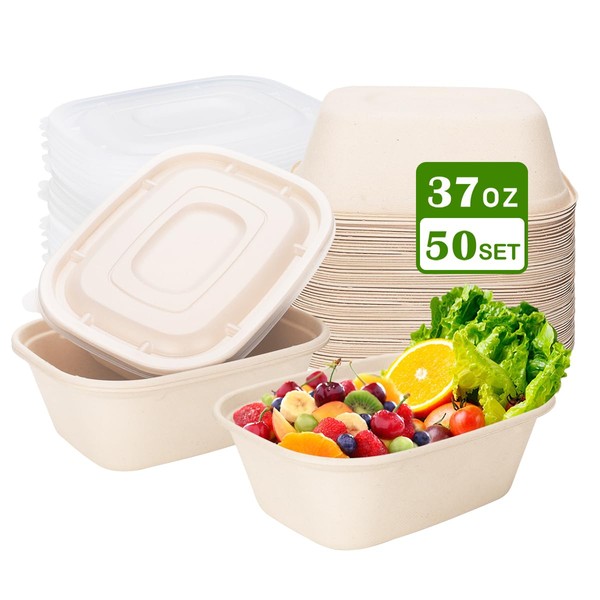 Aksipo 50 Pack 37 Oz Disposable Food Containers with Lids,