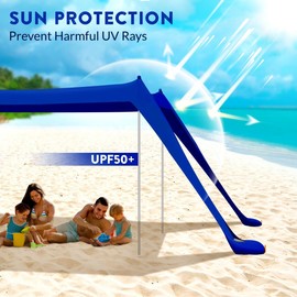 vBrate Beach Tent Sun Shelter - UPF50 Beach Canopy Portable Sun Shelter 2 Aluminum Poles, Ground Pegs, Sand Bags, Wind Ropes, Shovel, Bag for Camping, Picnic, Fishing, Backyard 7x7FT (Navy Blue)