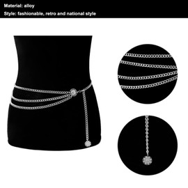 1 Pcs Multi Layer Waist Chain Metal Belt, Sunflower Waist Chain, Adjustable Multi Layer Chain Belt, Metal Belly Chain Waist Chain Belt, Suitable for Men and Women - Silver