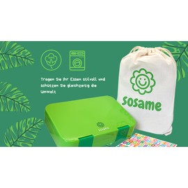 sosame Lunch Box with Compartments, Lunch Box & Bento Box for Children and Adults, with Canvas Cotton Cord Pull Bag and Letter Stickers, Lunch Box for Nursery, School and Excursions (Green)