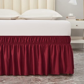 MEILA Wrap Around Bed Skirt Three Fabric Sides Elastic Dust Ruffled 14 Inch Tailored Drop,Easy to Install Fade Resistant-Burgundy, Queen/King-14'' Drop