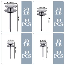Ferraycle 40 Piece Double Headed Picture Hangers Nails 4 Size Thumb Tacks for Wall Hanging Renter Friendly Decor Heavy Duty Push Pins Wall Nails for Drywall Frame Art, 10/20/ 30/ 50lb(Silver)