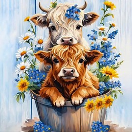 Diamond Painting Kits for Adults Highland Cow, DIY 5D Diamond Art Kits for Adults Daisy Flower, Cow Full Round Drill Gem Art Dots Beginners, Perfect for Home Wall Decor 14X14 Inch