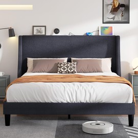 VECELO Queen Bed Frame with Type-C & USB Port, Wingback Headboard, Upholstered Platform Bedframe with Charging Station & Side Pockets, No Box Spring Needed, Grey
