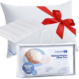 Continental Bedding | Harmony White Down Pillow | 550 Fill Power | 400 Thread Count Cotton Cover | Made in USA | Firm, Queen with Protector