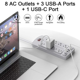 Surge Protector Power Strip - Nuetsa Flat Plug Extension Cord with 8 Outlets and 4 USB Ports, 10 Feet Power Cord (1625W/13A), 2700 Joules, ETL Listed, Grey