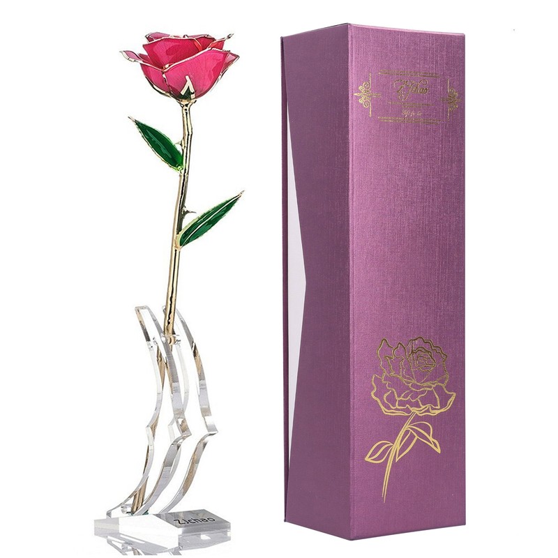 24K GoldPlated Rose Flower Pink Green Leaf for Valentine's Day