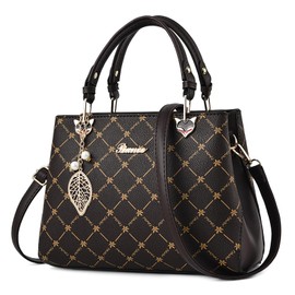 FORRICA Handbag for Women Shoulder Bag Ladies Fashion Print Top Handle Bag PU Leather with Maple Leaf Pendant Crossbody Handbag Dark Brown