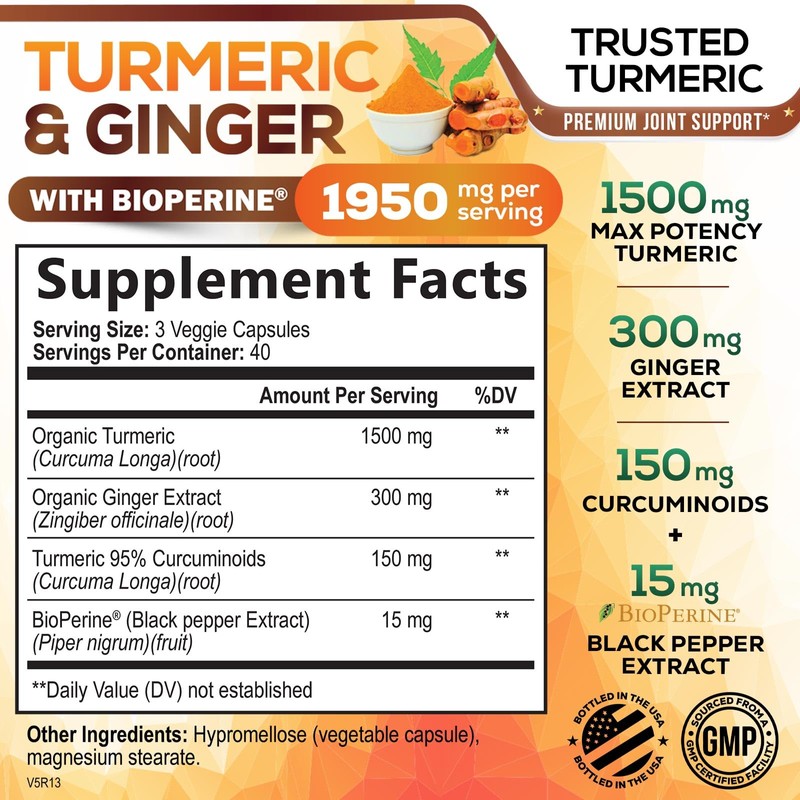 Turmeric Curcumin Supplement 1950mg with Organic Turmeric & Ginger, 95%