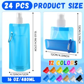 Teenyyou 24 Pack Collapsible Water Bottles Bulk 16oz Foldable Water Bottles with Carabiner Reusable Drinking Leak Proof Container Bags for Sports Biking Hiking Camping Travel Outdoor (Colorful)