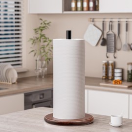 Jasopaco Paper Towel Holder with Wooden Base, Kitchen Countertop Paper Towel Stand, Brown Wood Base with Black Stainless Steel Post, Farmhouse Roll Dispenser.
