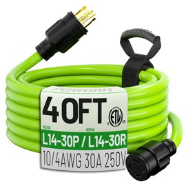 POWGRN 40Feet 30 Amp Generator Extension Cord 4 Prong,Heavy Duty NEMA L14-30P/L14-30R,125/250V 7500W,Green 10 Gauge STW Twist Locking Generator to House Power Cords with Cord Organizer,ETL Listed