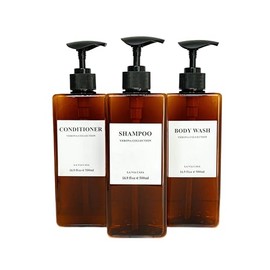 La Via Casa - Dispensador de champú y acondicionador | 3 botellas de plástico ámbar | Dispensador de champú con etiquetas impermeables | Botellas de d