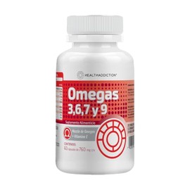 HEALTHADDICTION - Suplemento Omega 3, 6, 7 y 9 – 60 Cápsulas de 760mg c/u con Aceite de Pescado, Linaza, Oliva y Vitamina E – Suplemento Alimenticio