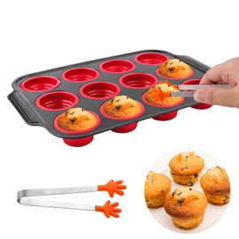NQEUEPN Muffin Pan with Food Tongs, 12 Cups Silicone Molds Cupcake Pans Silicone Molds Egg Bite Maker Mini Muffin Pans Baking Supplies for Baking Muffin Non-Sticky Tray (Black Red)