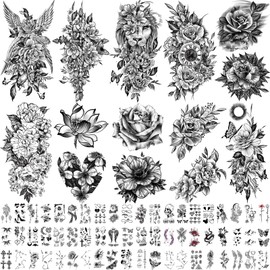 Large Black Temporary Tattoos, 70 Sheets Waterproof Fake Tattoos for Adults and Kids, Half Arm Sleeve Tattoos in 24 cm x 13.6 cm (White)