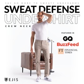 Ejis Sweatproof Undershirt Mens Modal Crew w Sweat Pads, Silver Treated to Fight Embarrassing Body Odor & Armpit Stains, Aluminum Free Alternative to Antiperspirant, Regular Fit (Small, White)