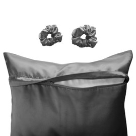 Alexandra's Secret Satin Bed Zippered Pillowcase with Scrunchies for Hair and Skin Pack of 2 Gift Set Luxury Soft and Cooling Sleep Silky Pillow Cases with Zipper (Standard, Charcoal)