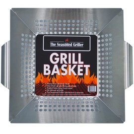The Seasoned Griller Professional Grade Stainless Steel Grill Basket, BBQ Accessories, Meats, Vegetables, Seafood, Pizza, Kabob. Fits Charcoal, Gas Grills Camping Cookware Grill Tool Gift for Dad