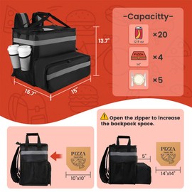 Food Delivery Bag,Large Insulated Backpack for Doordash/Uber Eeats, Expandable Cooler Bags for Bike/Motorcycle with Reflective Strip and Cup Holders,Reusable Pizza Food Delivery Bag with Hand Straps