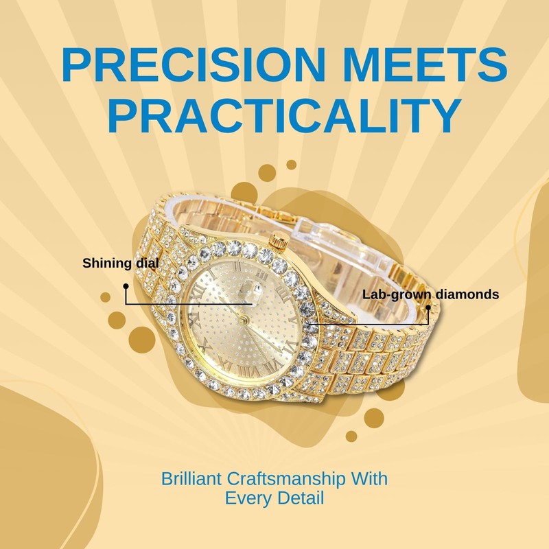 Genkigold Gold Diamond Watch for Teen Boys - 43mm Roman