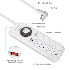 DEWENWILS Mechanical Timer Power Strip with 8 Outlets, Flat Plug, 6ft Long Cord, Overload Protection, Indoor Timer for, Bearded Dragon Tanks, Aquarium, Grow Lights, Plants, Reptile Light, UL Listed