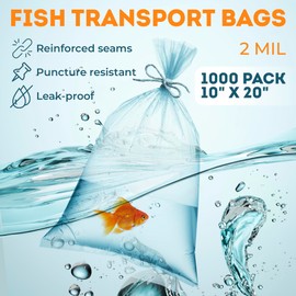 APQ Clear Plastic Fish Bags for Live Fish, 10 x 20 Inch. Pack of 1000 Polyethylene Live Fish Shipping Bags. 2 Mil Thick Aquarium Fish Bags. Durable Fish Transport Bags. Plastic Bags for Fish Transport