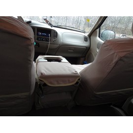 Durafit Seat Covers, Made to fit 2001-2003 F150 Regular and Super Cab Front Low Back 40/60 Split Seat with Integrated Seat Belts and Opening Console Exact Fit Seat Covers in Tan Waterproof Endura.