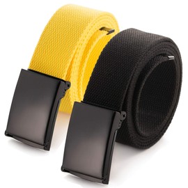Cut To Fit Canvas Web Belt Size Up to 52-inch with Flip-Top Solid Black Military Buckle (2 Pack Black/Yellow), Cut to One size