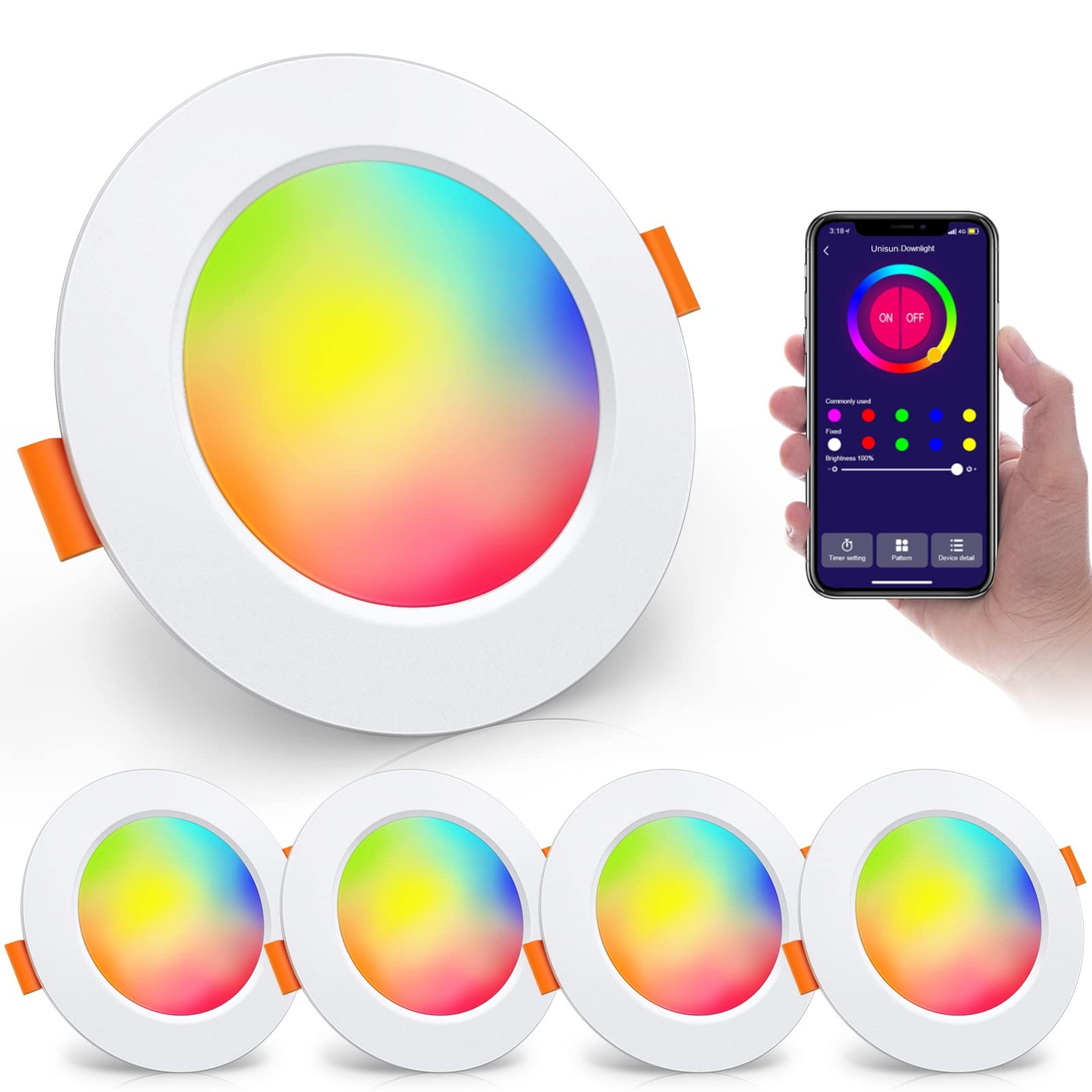 Unisun LED Recessed Spotlights, Dimmable, 7 W, Set of 4, Bluetooth RGB