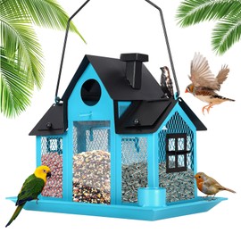 Solar Bird Feeders House for Outside Hanging, Metal Wild Bird Feeder for Outdoors Large Capacity Cardinal Birdfeeder Birdhouses Metal Bird Feeding Station Blue