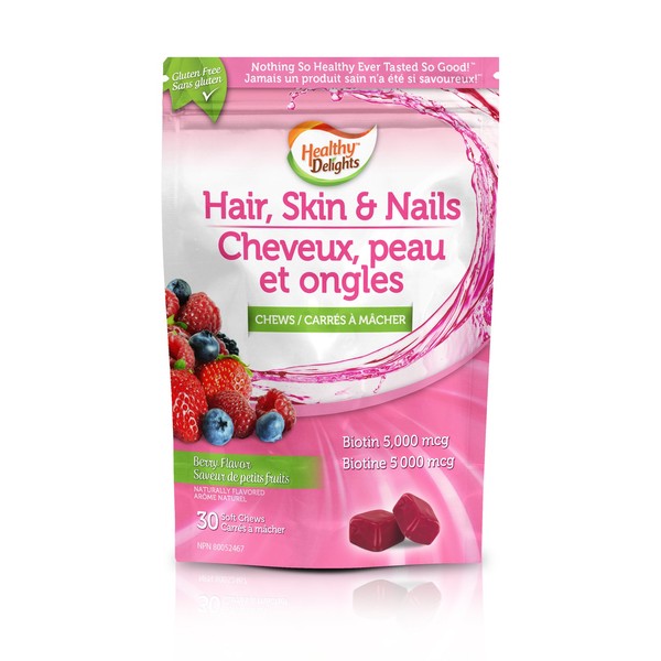 Healthy Delights Hair, Skin and Nail Soft Chews with 5,000mg Biotin-Berry Flavoured, 30-Count