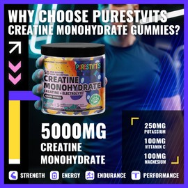 PURESTVITS Creatine Monohydrate Gummies (5g) – Pre-Workout Energy & Muscle Growth Support for Men & Women | Grape Mango Electrolyte Gummies (135 Count)