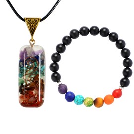 Soulnioi Healing 7 Chakra Beaded Bracelet and Colorful Natural Gravel 7 Chakra Pendant Black Leather Rope Necklace for Spiritual Cleansing, Stress Relief Reiki Yoga Meditation, Chakra Balancing