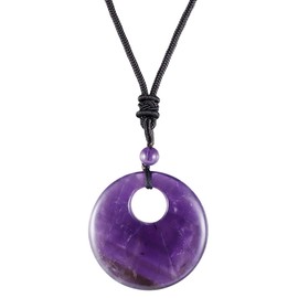 KYEYGWO Unisex Gemstone Doughnut Pendant with Adjustable Nylon Rope, Healing Crystal Round Necklace Peace Buckle Jewellery Stone Amulet for Lucky Charm, Nylon amethyst Nylon, Amethyst