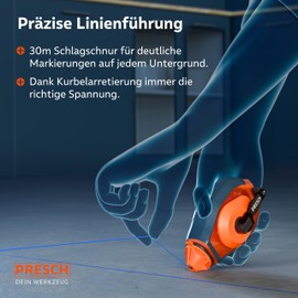 PRESCH Chalk Line 30 m – Fast Return Thanks to 6:1 Gear – Durable Line for Exact Lines – Easy Level Control through Viewing Window – Crank Lock for Optimal Tension