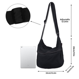 Crossbody Hobo Bag, Men Women Messenger Tote Bag, Large Casual Canvas Shoulder Bag with Zipper and Adjustable for Travel Outings Work Sports Causal School (Black)
