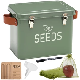 Candco Seed Storage Organizer, Metal Seed Saving Box with Leather Handles and Safety Locks, Seed Packet Container with 10 Fruits Protection Bags, 30 Plant Labels, 20 Seed Envelopes, 1 Marker Pen