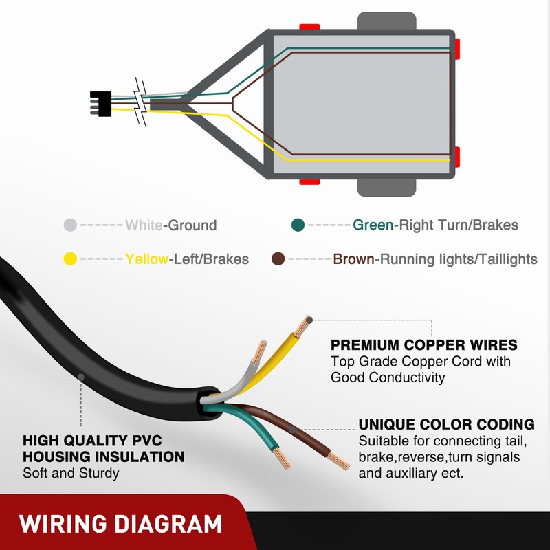 Nilight 25 Feet 4 Way Trailer Wire Extension Cable 14