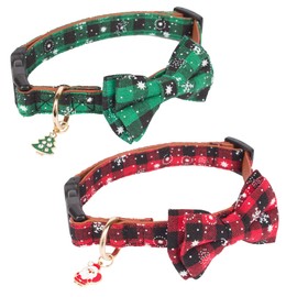 Christmas Dog Collar with Bow Tie Adjustable Bowtie Plaid Red Green Dog Pet Collars for Small Medium Large Dogs (L)