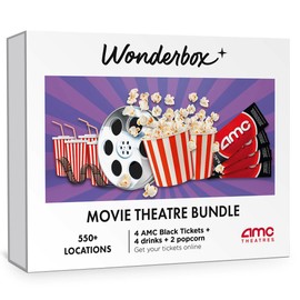 Wonderbox – AMC Movie Theatres Bundle - 4 Black Tickets + 4 Drinks + 2 Popcorn – Original Gift Idea - Experience Gift - 550 Locations in The US