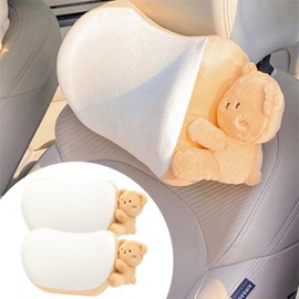 UINSUE Car Headrest Pillow 2PCS Plush Bear ＆ Bunny Car Seat Headrest Pillow - Memory Foam Neck Support Cushions for Comfortable Driving, Easy Install & Washable (Brown)