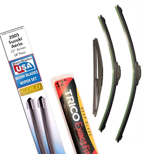 Beam Blade Wipers Replacement Set for 2005 Suzuki Aerio w/Rear