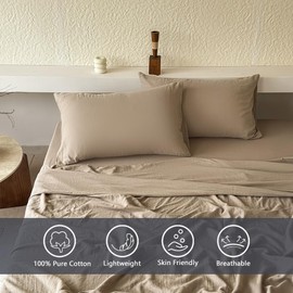 NSNLGSGC 100% Muslin Cotton Sheet Set Queen Size, 2-Layer Washed Cotton Gauze Linen Feel Like Bed Sheets, 4-Pieces Bed Linen Sheet Set with Deep Pocket(Tannish Linen Gray,Queen)