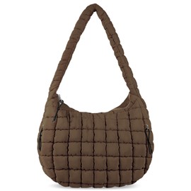 Quilted Puffer Tote Bag for Women - Large Crossbody Bag, Lightweight Nylon Puffy Carryall Hobo Puff Shoulder Bag, Brown, Large