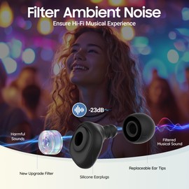 Pawcute Earplugs for Concerts, Reusable Silicone Ear Plugs For Musicians,23dB Filter Technology Noise Reduction Ear Plugs, 8 Ear Tips in XS, S, M, L for Concert, Bar, Sports, Mardi Gras Events(Black)