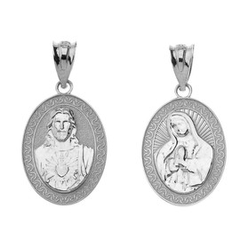 Sterling Silver Sacred Heart Of Jesus, Immaculate Heart of Mary Medal Reversible Necklace, 16"