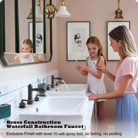 HEYMYTAP 4-16 Inch Widespread Faucet Bronze Waterfall Bathroom Faucet 3 Hole Bathroom Sink Faucet, Brass Bath Faucets for Sink Two Handle Vanity Faucet with Drain and Supply Water Hose